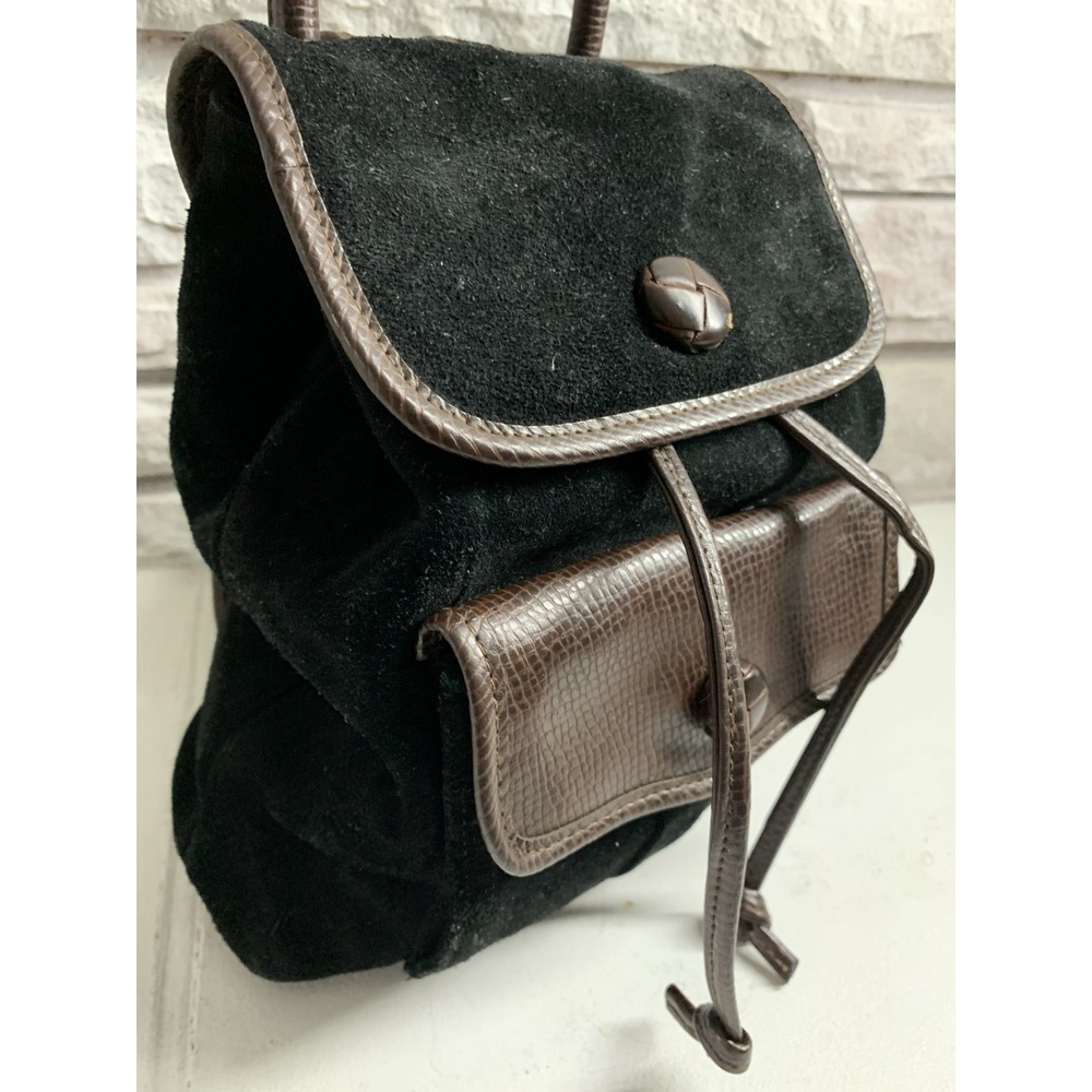 Liz Claiborne Leather Co Mini Backpack Black Suede Brown Lizard Embossed Trim